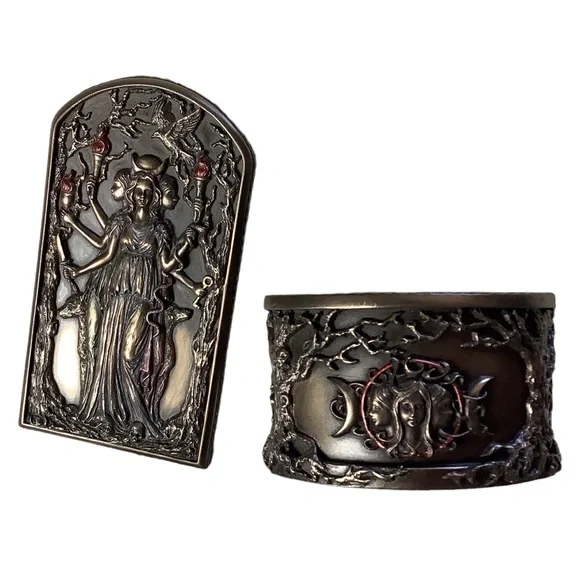 Hecate Triple Goddess Decorative Trinket Box Resin with Bronze Tones Accents